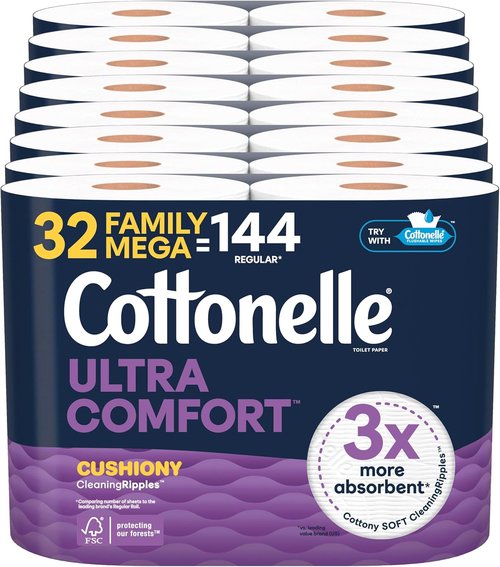 Cottonelle Ultra Comfort Toilet Paper - Cushiony Cleaning Ripples Texture | 32 Mega Rolls (144 Regular Rolls)
