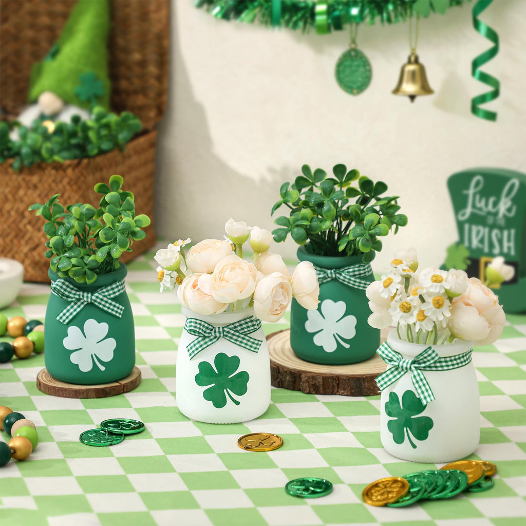 St Patricks Day Tiered Tray Decorations - 4 PCS Mini Mason Jars with Artificial Shamrock, Decorative Jars Centerpieces for Home Table Mantel St Patricks Party Supplies, Green Spring Decor