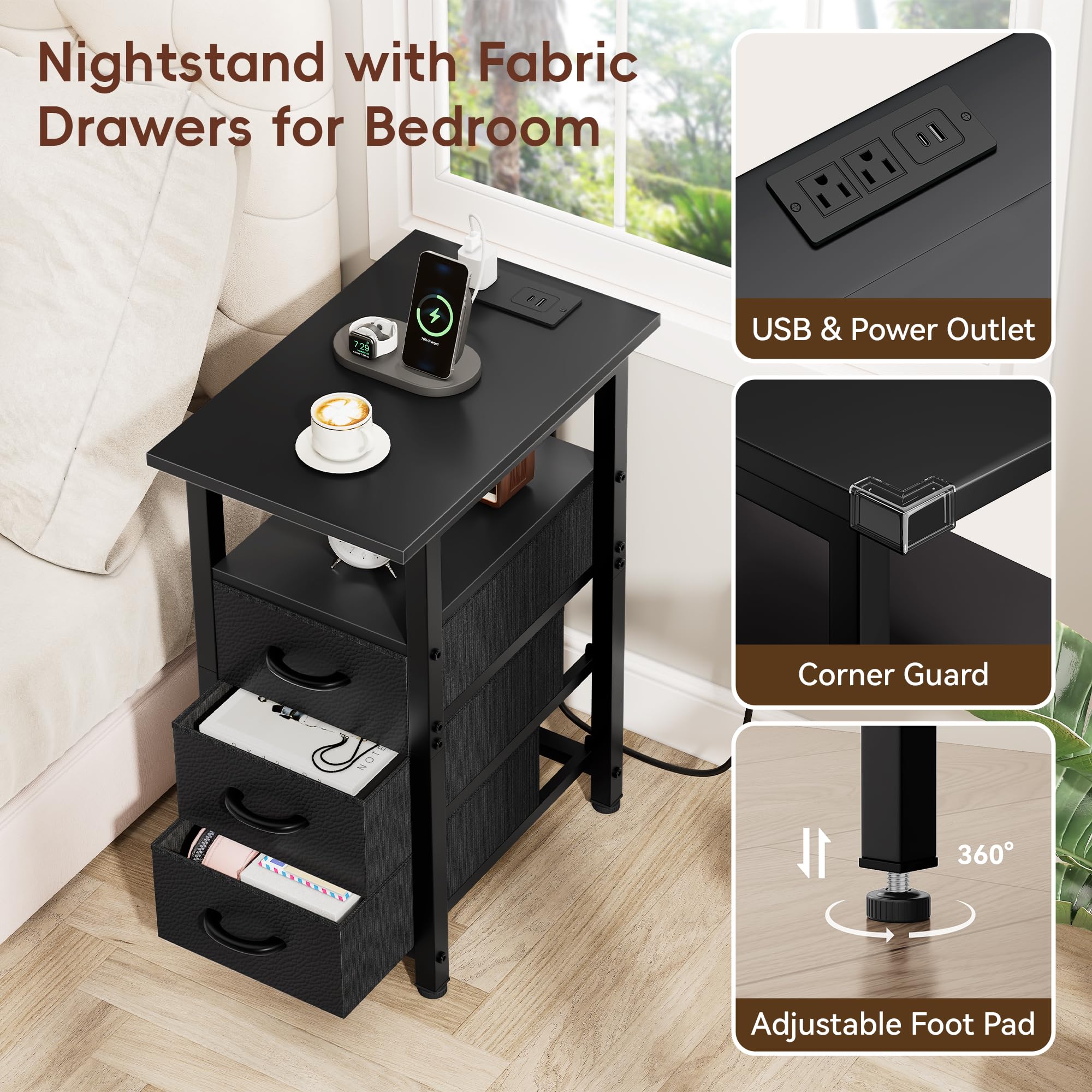 Vagusicc Black Nightstand with Charging Station and LED Lights, Narrow End Table, LED Nightstand with 3 Fabric Drawers for Bedroom, Small Night Stand, Narrow Side Table for Small Spaces, Black