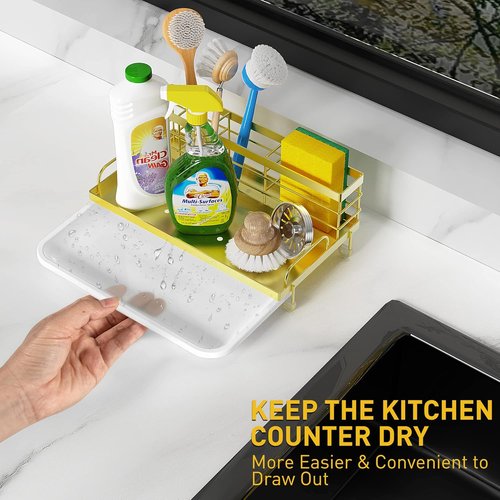 Cisily Gold Kitchen Sink Caddy Organizer - Rustproof Sponge Holder & Non-Slip Soap Dish | Essential Home Accessory