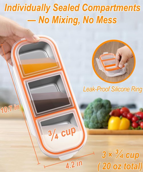 KTKUDY 3 Pack Stainless Steel Snack Containers for Kids & Adults - Leak-Proof 3-Compartment Stackable Snack Lunch Boxes for Daycare, School, Work & Travel