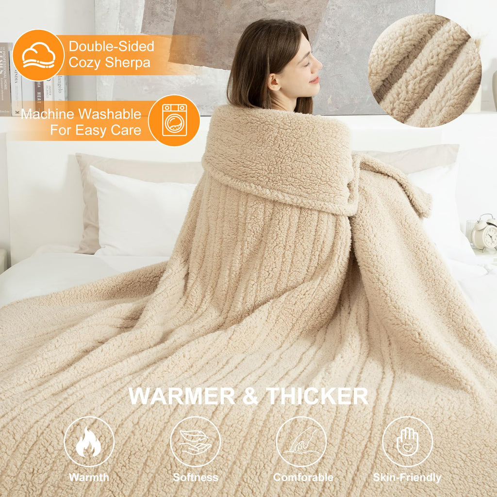 LUZARTA Heated Blanket Full Size 72"X84" Beige - Soft Double Sided Sherpa Electric Blanket Full Size with LED Display, 6 Heating Levels & 10 hrs Timer, Machine Washable & Fast Heating, Gift for Women