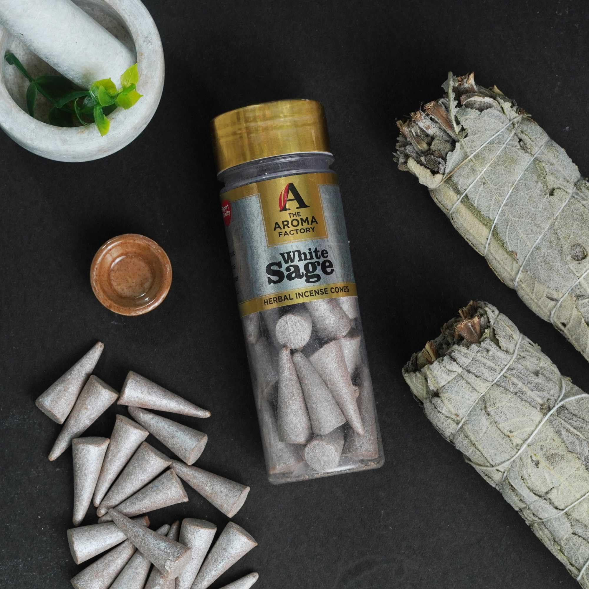 The Aroma Factory Incense Dhoop Cone White Sage (100% Herbal Leaves Healing & 0% Charcoal) 1 Bottle x 30 Cones