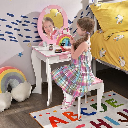 OLAKIDS Kids Vanity, 2 in 1 White Princess Wooden Table and Chair Set for Toddlers with Detachable Unicorn Mirror, Stool, Storage Drawer, Pretend Beauty Make Up Dressing Play Set for Girls Age 4-9