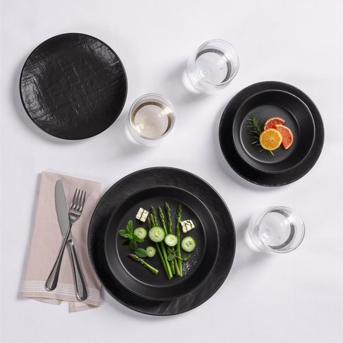 Navaris Linen Artisan Stoneware Dinnerware Set (16 Pieces) - Dishwasher and Microwave Safe Plates, Bowls, Mugs in Charcoal Black