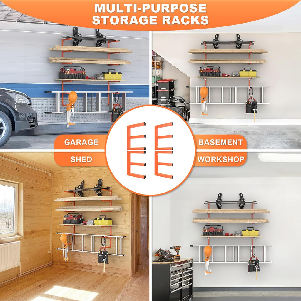 Ultrawall Lumber Storage Rack - Heavy-Duty Wall-Mounted Wood Organizer | Holds 220 LBS Per Level (Pack of 4, Orange)