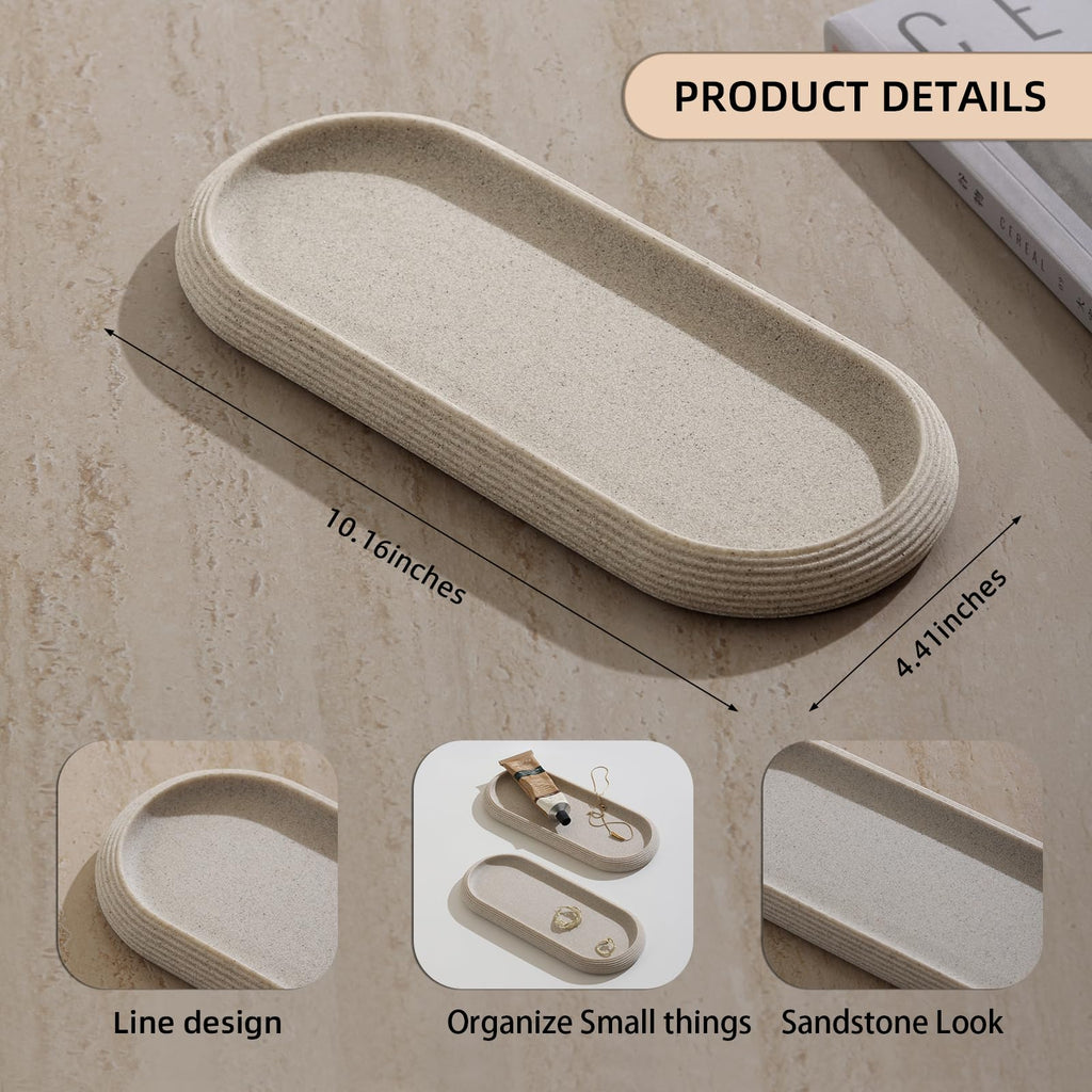 Haocoott Jewelry Tray Bathtub, Resin Stone Look Decorative Perfume Tray, Bathroom Marble Vanity Organizer Plate Holder for Ring Soap Towel Small Things on Kitchen Sink Countertop (Beige, Medium)