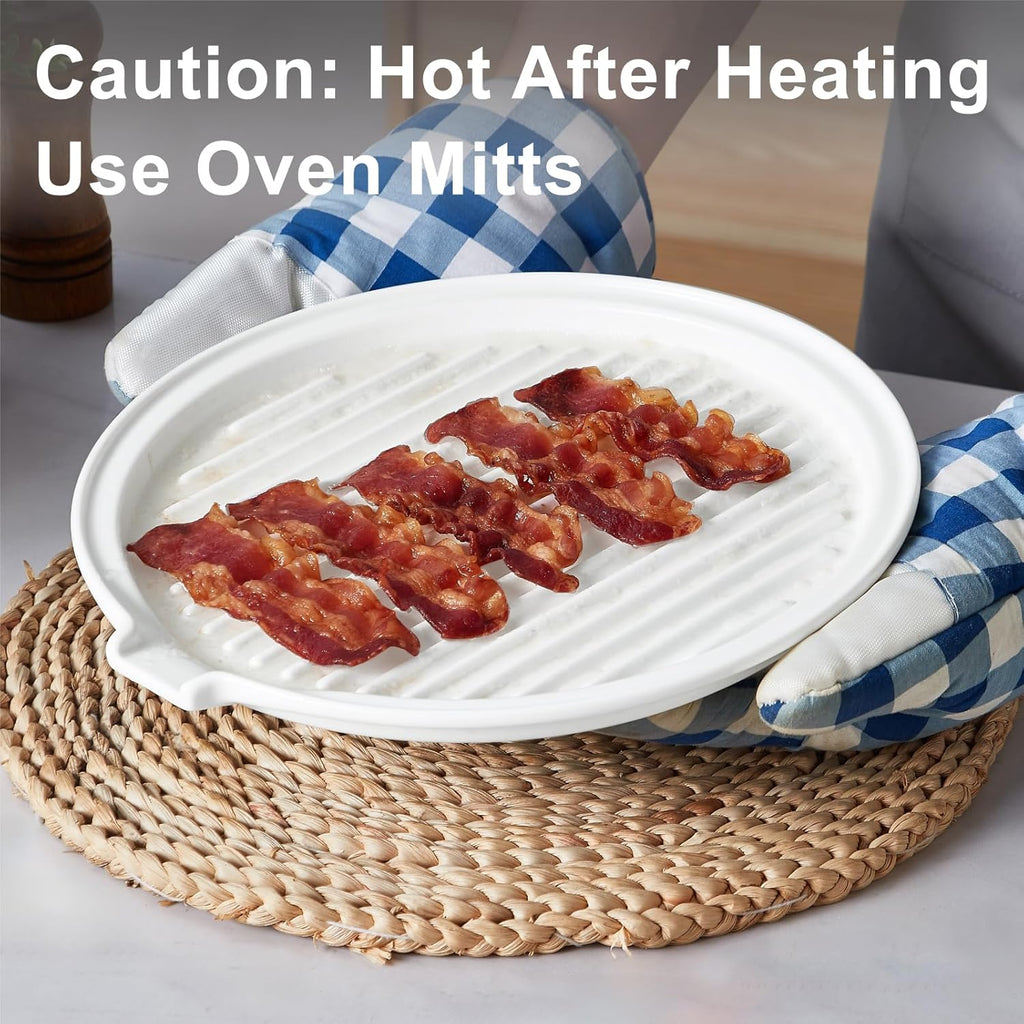 ONEMORE Microwave Bacon Tray - Ceramic Cooker for Crispy Bacon | 11-Inch Round Dish, White