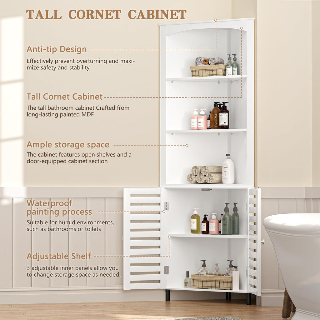 VECELO Tall Corner Cabinet, 68.8'' Storage Cabinet with Doors and Adjustable Shelves, for Living Room, Bathroom, Kitchen, White