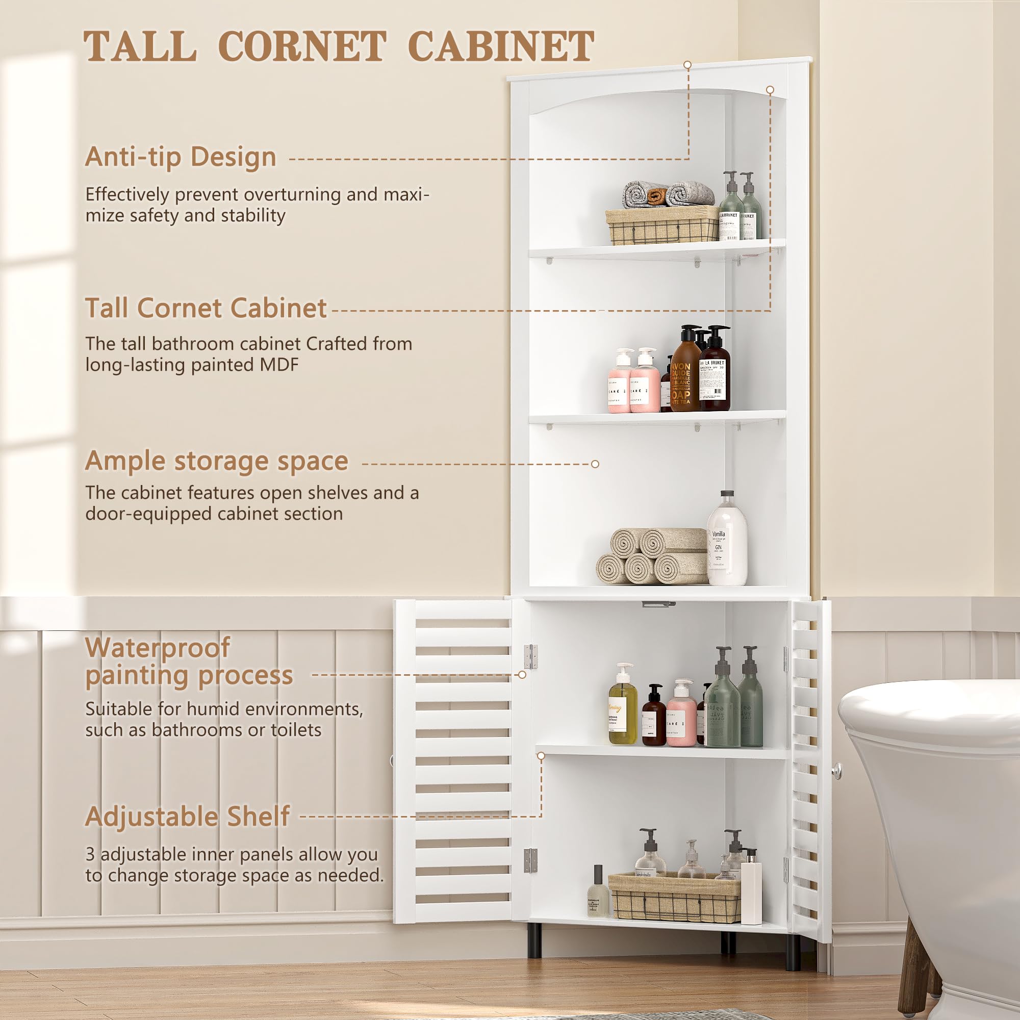VECELO Tall Corner Cabinet, 68.8'' Storage Cabinet with Doors and Adjustable Shelves, for Living Room, Bathroom, Kitchen, White