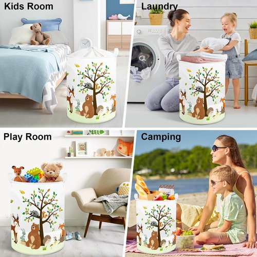 Clastyle 63L Large Woodland Animal Tree Kid Laundry Hamper with Handle for Boy Girl Collapsible Clothes Toy Storage Basket with Lid for Bedroom Bathroom Nursery
