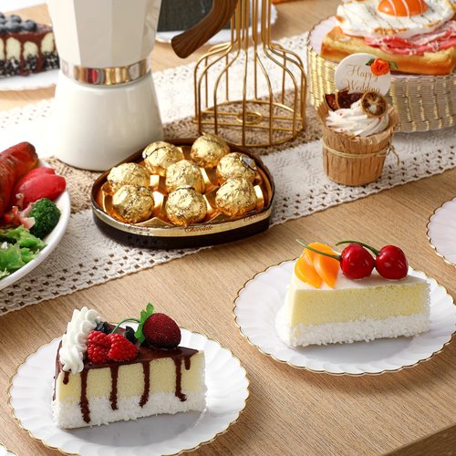 Hushee 100 Pcs Plastic Plates with Gold Trim 6'' Small Round Disposable Vintage Dessert Plates for Party Birthday Buffet Wedding Catering Celebration Reception (White)
