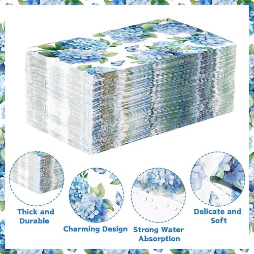 100Pcs Hydrangea Paper Napkins 3 Ply Watercolor Blue and White Floral Butterfly Disposable Absorbent Hand Towel Spring Pretty Flower Guest Dinner Napkin for Bridal Shower Bathroom Tea Party Supplies