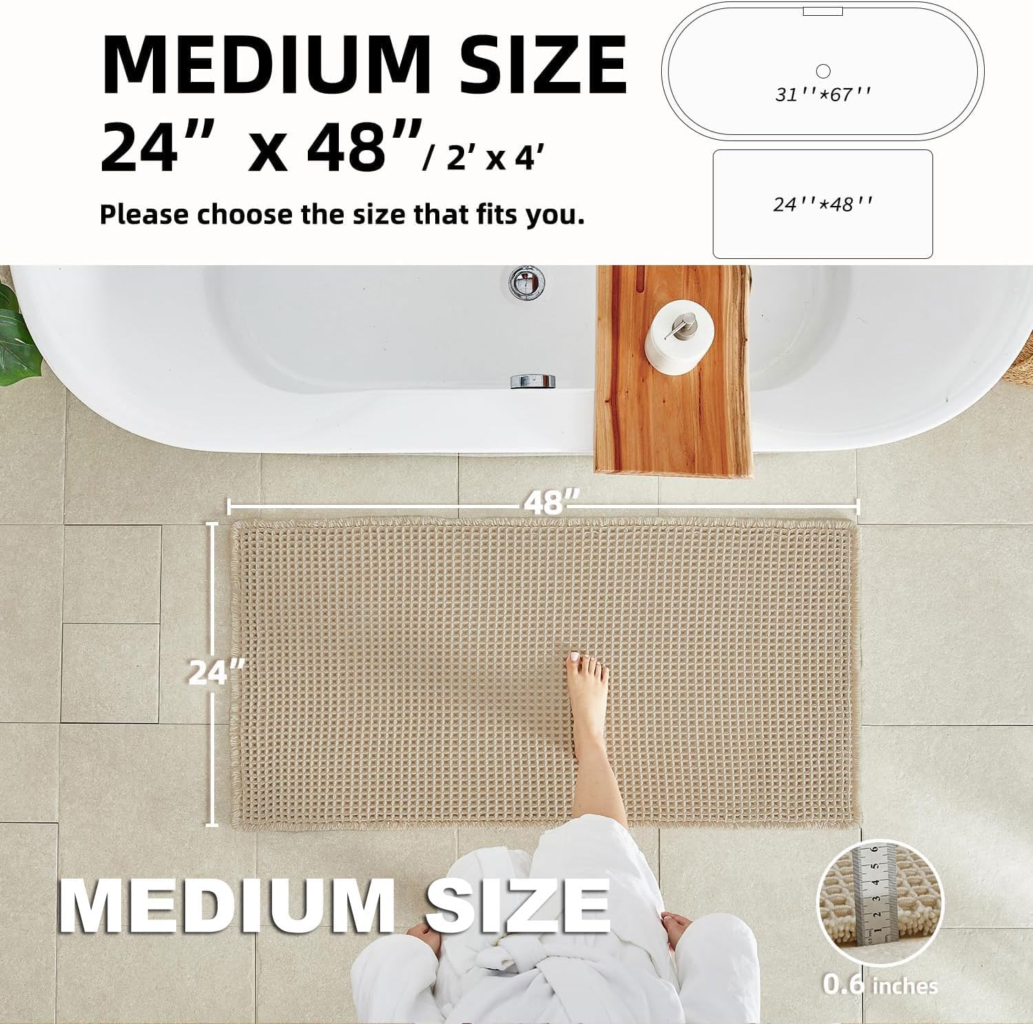 TYUU Bathroom Rug - Non-Slip Waffle Bath Mat | Super Absorbent & Quick Dry, 48''x24'' Pale Beige