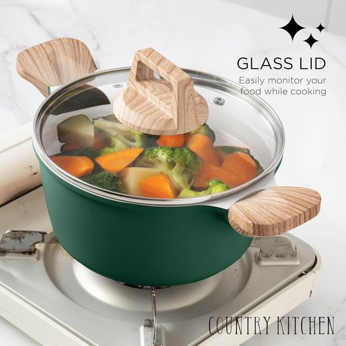 Country Kitchen Nonstick Pots and Pans Set - 14-Piece Cast Aluminum Cookware Set in Sage with Utensils