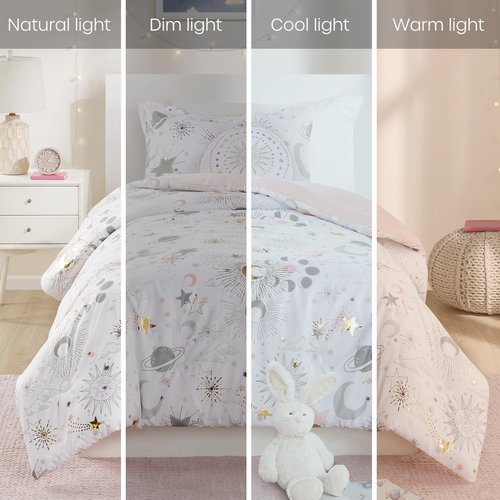 Intelligent Design Kids Full Comforter Set, Celestial Metallic Starry Sky, Moon & Sun Comforters, All Seasons Lightweight & Fluffy Comforter Bed Set, 2 Shams, Celia, Full/Queen, Blush/Gold 4 Piece