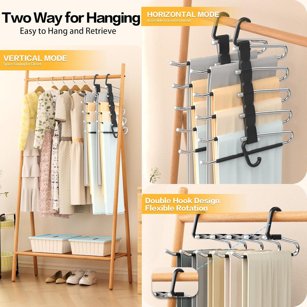 Skiennix Pants Hangers - Space-Saving Closet Organizer, Anti-Slip Stainless Steel, 2 Pack - Black