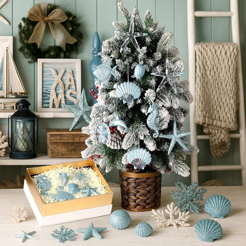 16 Pack Beach Christmas Ornaments – Acrylic Starfish, Shells & Sea Life Hanging Decor