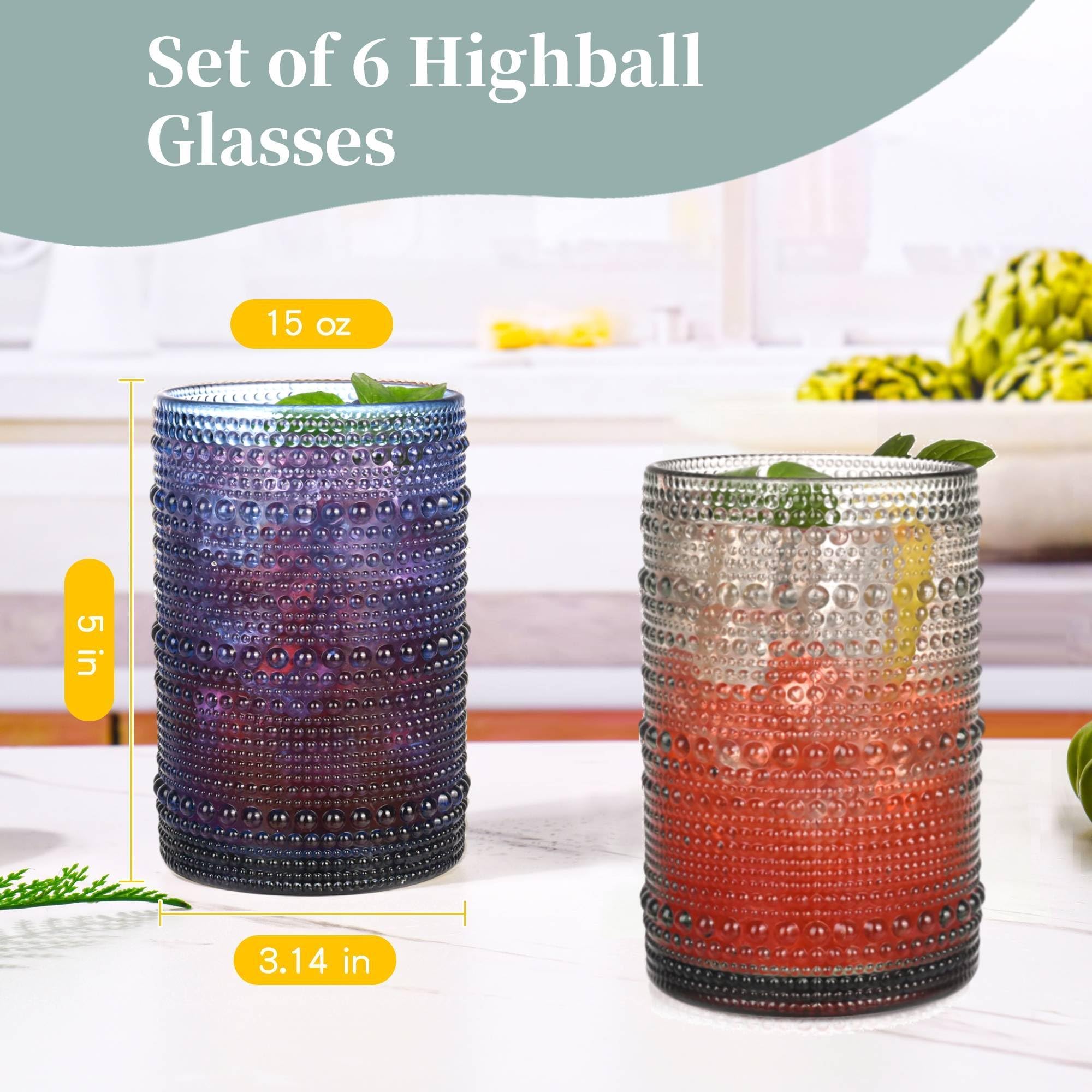 JPPSUJJ Colored Hobnail Drinking Glasses Set of 6, 15 oz Vintage Highball Glasses, Drinkware Kitchen Glasses for Cocktail, Iced Coffee, Beer, Ice Tea, Wine, Whiskey, Water