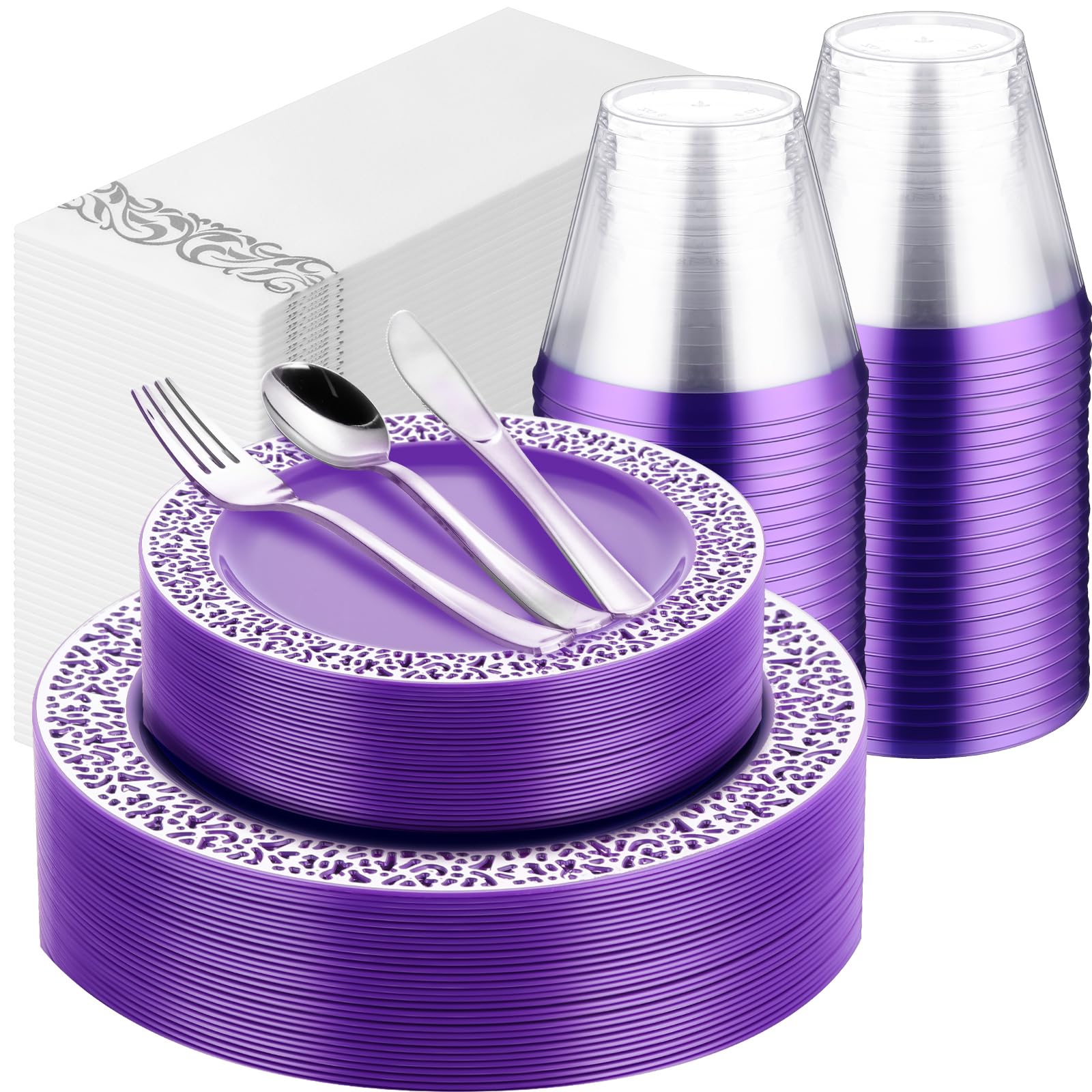 Norme 350 Pcs Purple Silver Plastic Dinnerware Set for 50 Guests Includes 50 Dinner Plates 10.2", 50 Plates 7.5", 150 Silverware Set, 50 Plastic Cups and 50 Napkin Disposable Plate for Wedding