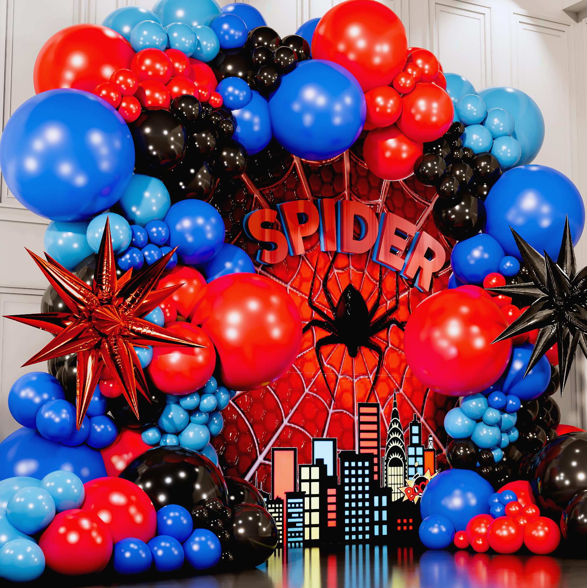 ALL-IN-1 Spider Balloon Arch Kit with BONUS Starburst for Spidy Birthday Decorations - Red Blue Spider Balloons for Spidy Man Party Decorations - Miles Birthday Decoration, Spidey Balloons