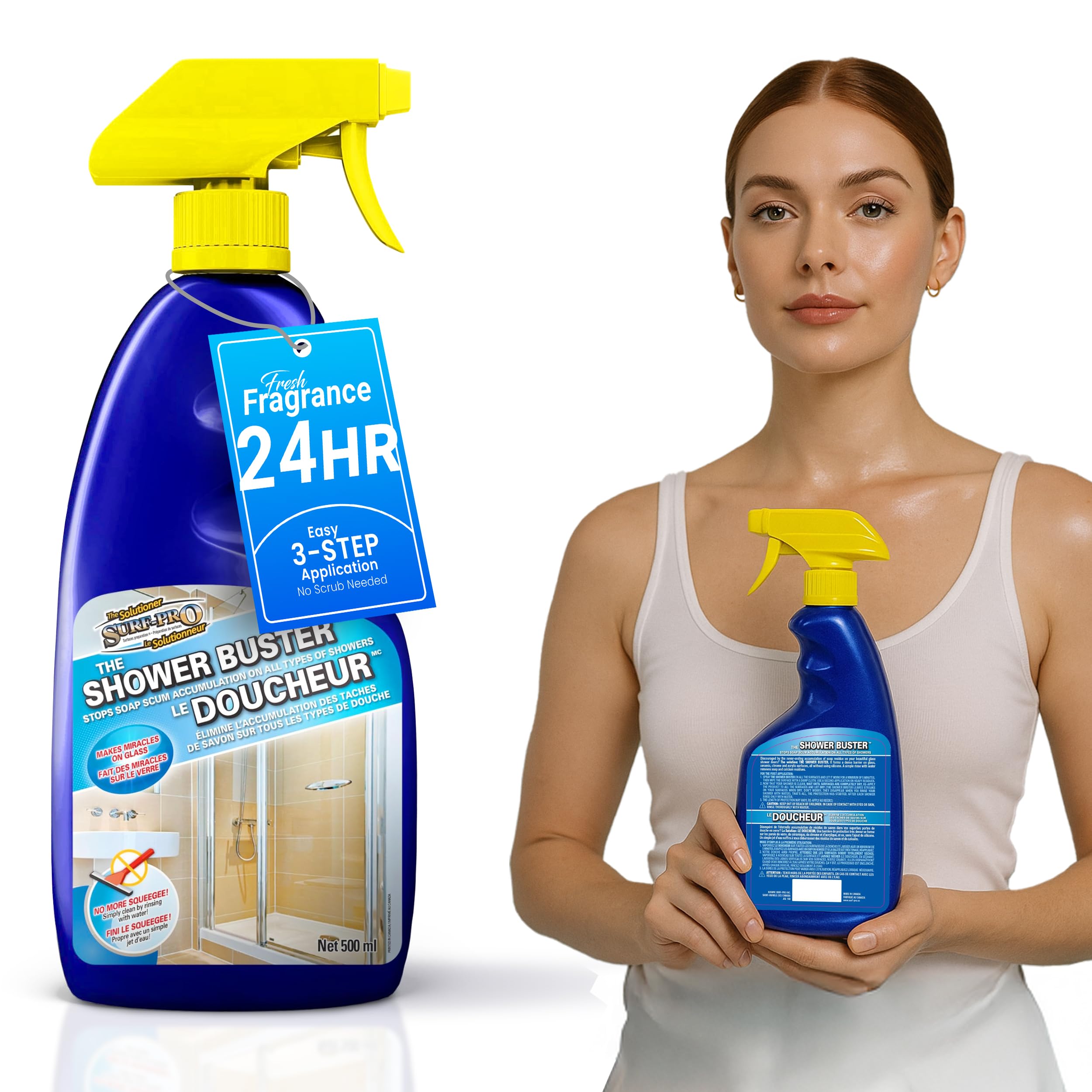 SURF PRO Shower Glass Door Cleaner – Shower Buster Spray for Soap Scum & Hard Water Stains – No Scrub Bathroom Cleaner for Glass, Tile, Chrome, Ceramic, RV and Septic Safe (500ml / 16.9oz)