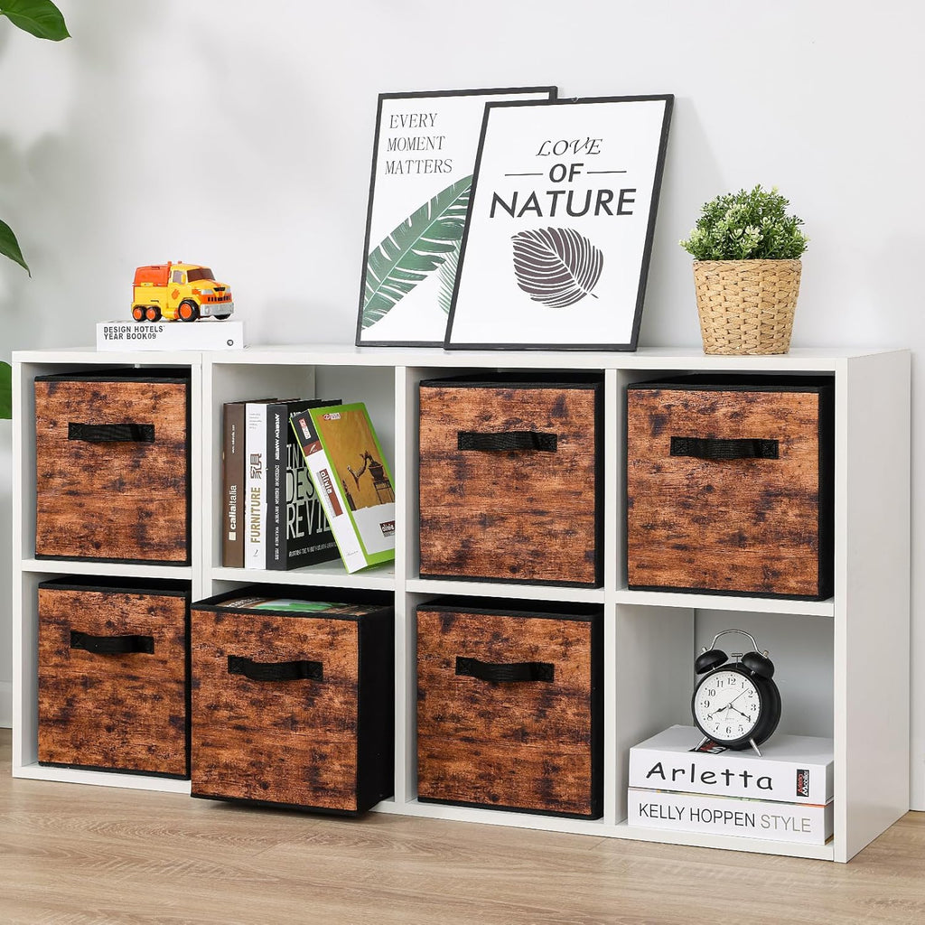 Stero Fabric Storage Cubes - 6 Pack Foldable Bins with Handles | 13 Inch Rustic Brown & Black Organizer