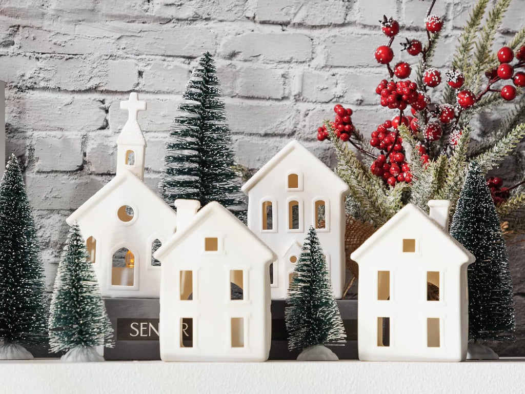 Skiennix 9-Pc Christmas Village Figurines Set - Lighted Ceramic Houses & Trees | Rustic Holiday Decor