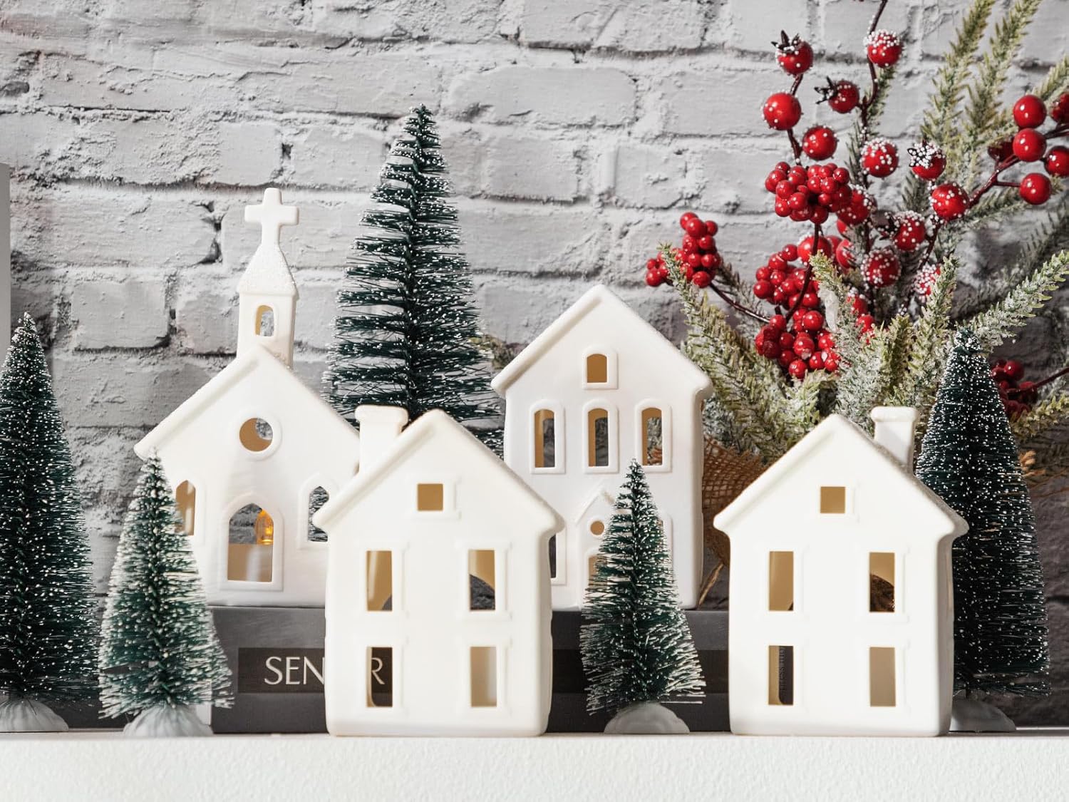 Skiennix 9-Pc Christmas Village Figurines Set - Lighted Ceramic Houses & Trees | Rustic Holiday Decor