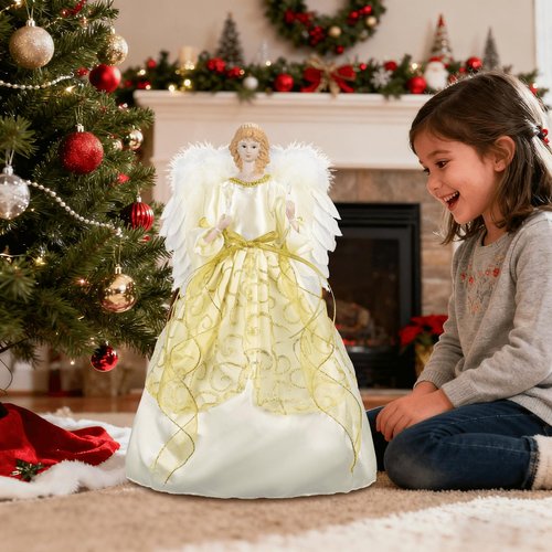 16 Inch Angel Tree Topper, Large Christmas Tree Topper Angel with Lights Decorations Battery-Powered Angel Ornaments for Christmas Tree with Feather Wings Xmas Tree Toppers Indoor Decorations-Gold