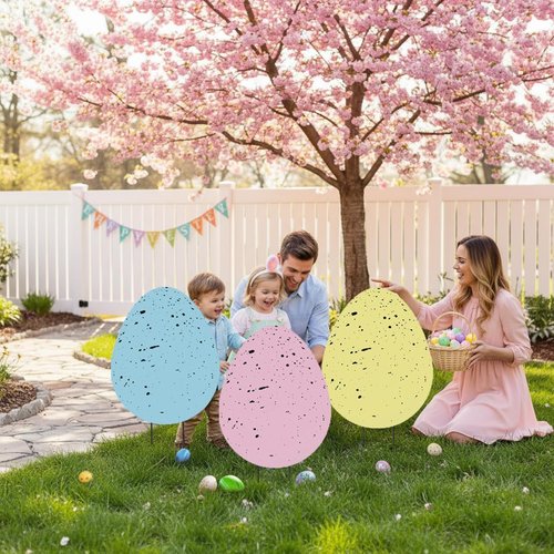 DoubleFill 3 Pcs Easter Decorations - 3D Metal Tulip & Bunny Yard Signs for Spring Garden Decor
