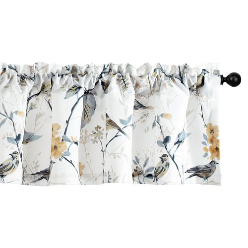 Leeva Kitchen Curtains Valances for Kids Room Porch, Linen Energy Efficient Birds Print Pattern Rod Pocket Small Drapes for Bedroom, 52 x 12, Grey, One Panel