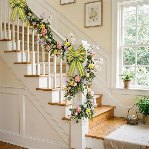 Hying Easter Wreath Bows - 2-Piece Yellow Green Striped Burlap Decor for Front Door & Parties