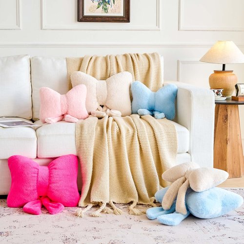 Lfsaaj Bowknot Pillow Pink Cute Bow Decorative Throw Pillows 12" Aesthetic Home Decor Bow Cushions Butterfly Knot Plush Pillow for Bedroom Couch