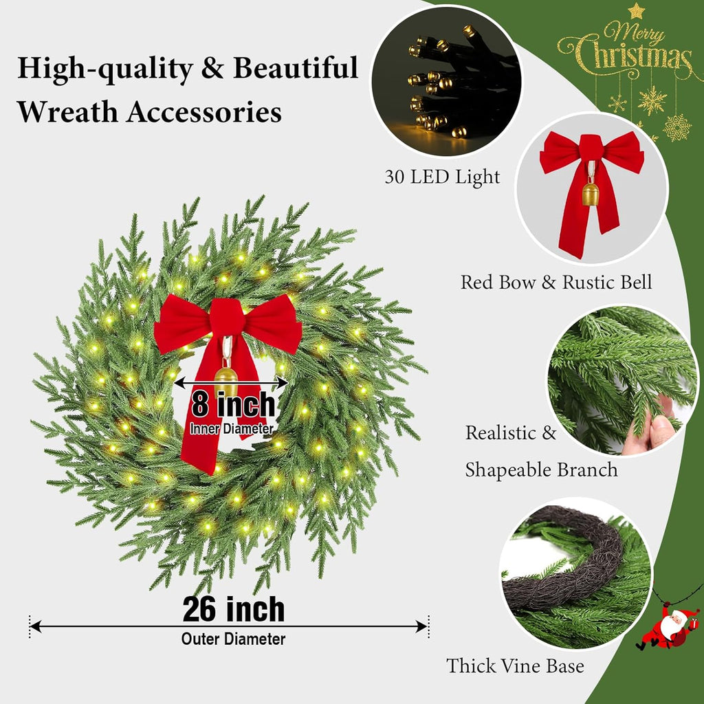 Regine Switzerland Christmas Wreath - 26" Real Touch Pine with Lights, Bow & Bell | Festive Indoor/Outdoor Decor