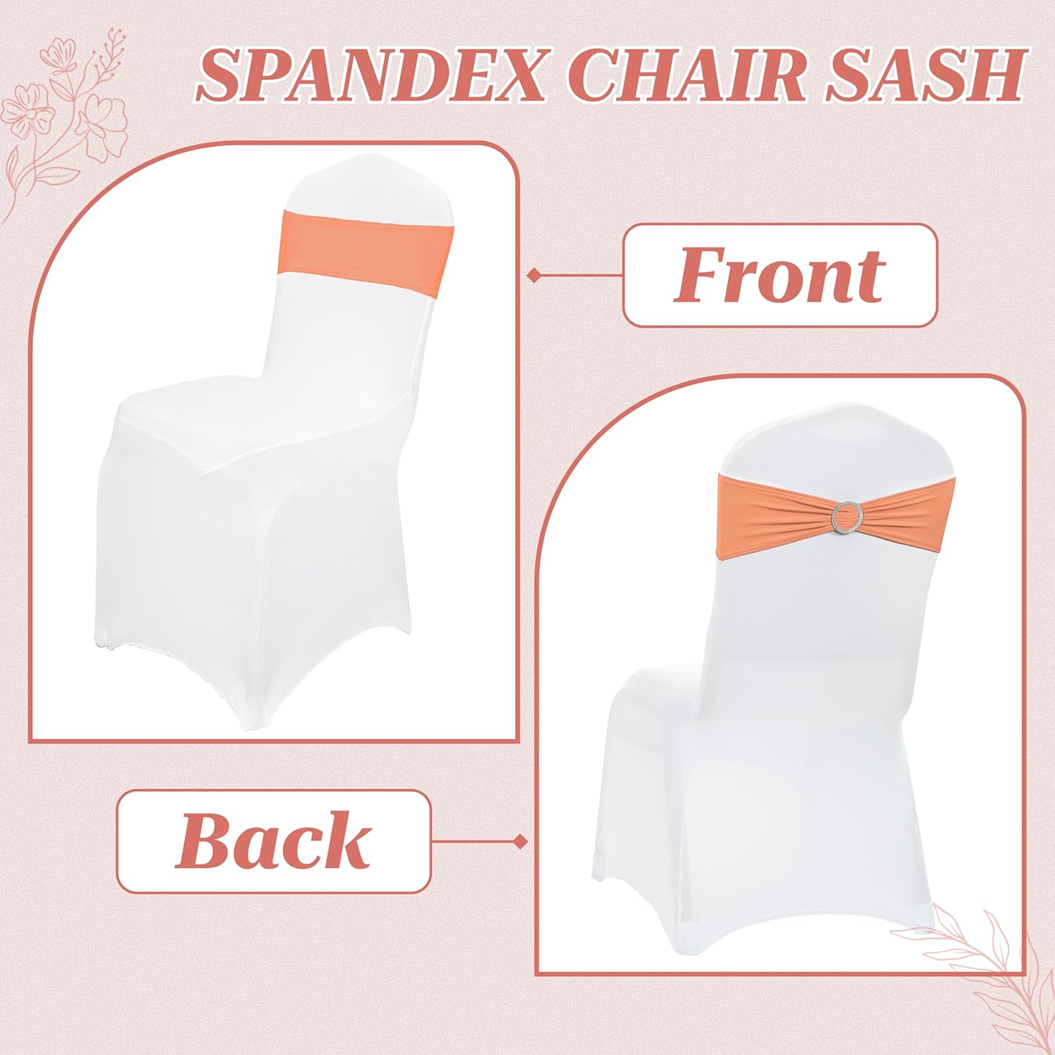 MDS Spandex Chair Sashes - Premium Stretch Bow Covers with Buckle Slider | Universal Fit - Peach (Pack of 25)