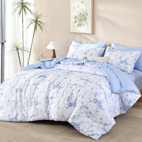 Luxudecor Floral Queen Comforter Set 7 Pieces Bed in a Bag, Blue Rose Romantic Flower Bed Set, Soft Reversible Comforter with Sheet Set 90"x90"