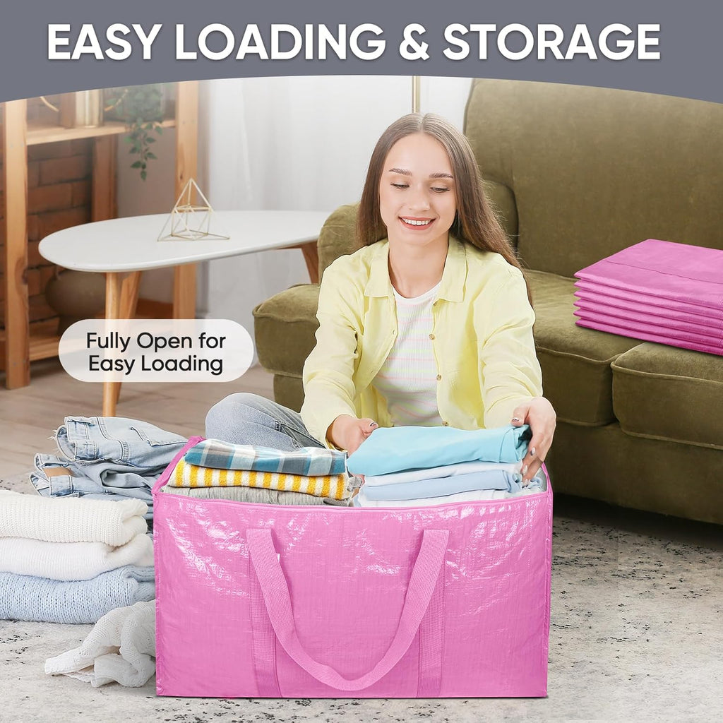 TICONN Extra Large Moving Bags - Heavy Duty Storage with Zippers & Handles | 6 Pack, Pink