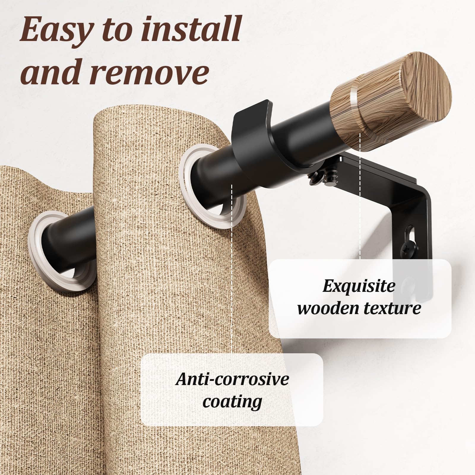 SMODBRODRE Wood Curtain Rods for Windows 66 to 120 Inches, Adjustable Length 1 Inch Heavy Duty Window Curtain Rod with Decorative Finials for kitchen,Room