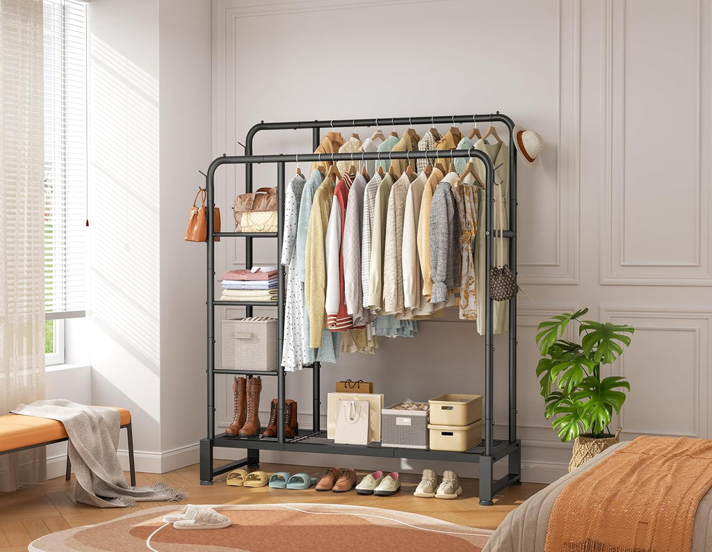 Skiennix Double Rods Clothes Rack - Multifunctional Heavy-Duty Organizer with 4-Tier Shelves | Black