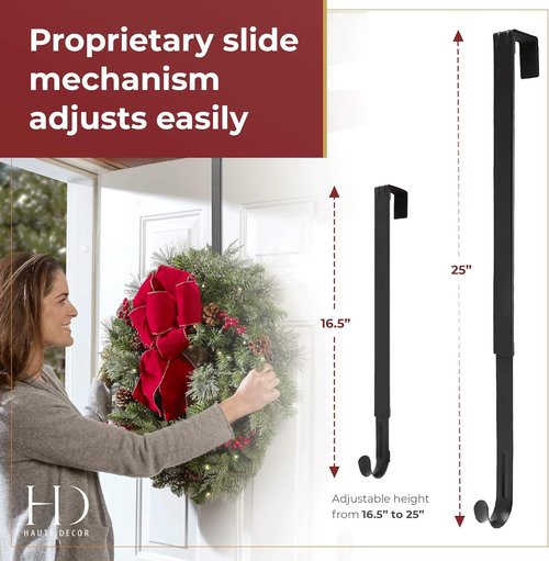 Haute Decor Over The Door Wreath Hanger Hook - Adjustable Length, Holds Up to 20 lbs - Matte Black, 2-Pack