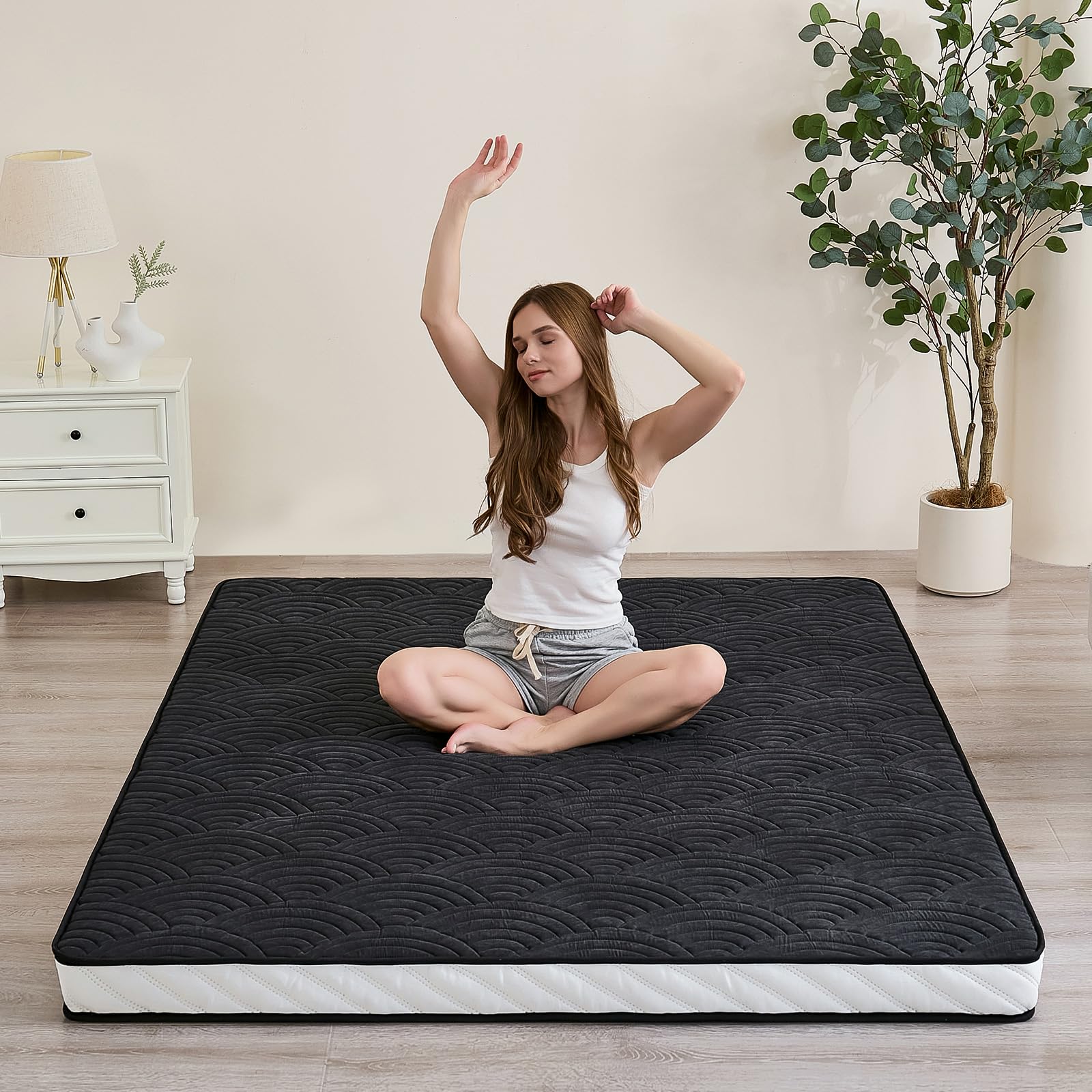 Zelladorra Japanese Floor Mattress, Quilted Futon Mattress with Anti-Slip Bottom, Foldable Floor Bed with Storage Bag and Straps, (Black, Full)