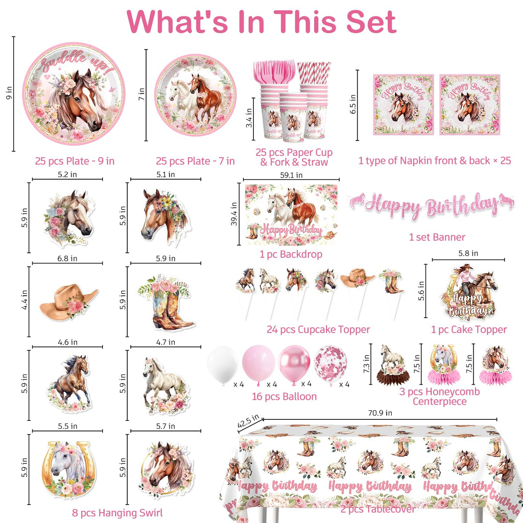 214Pcs Cowgirl Birthday Party Decorations Serve 25, Horse Party Supplies Includes Backdrop, Plates, Napkins, Cups, Banner, Hanging Swirl, Tablecloth, Cake Topper for Girl Birthday Decorations