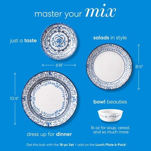 Corelle Vitrelle 6-Piece Appetizer Plates Set Triple Layer Glass and Chip Resistant, 6-3/4-Inch Lightweight Round Plates, Portofino