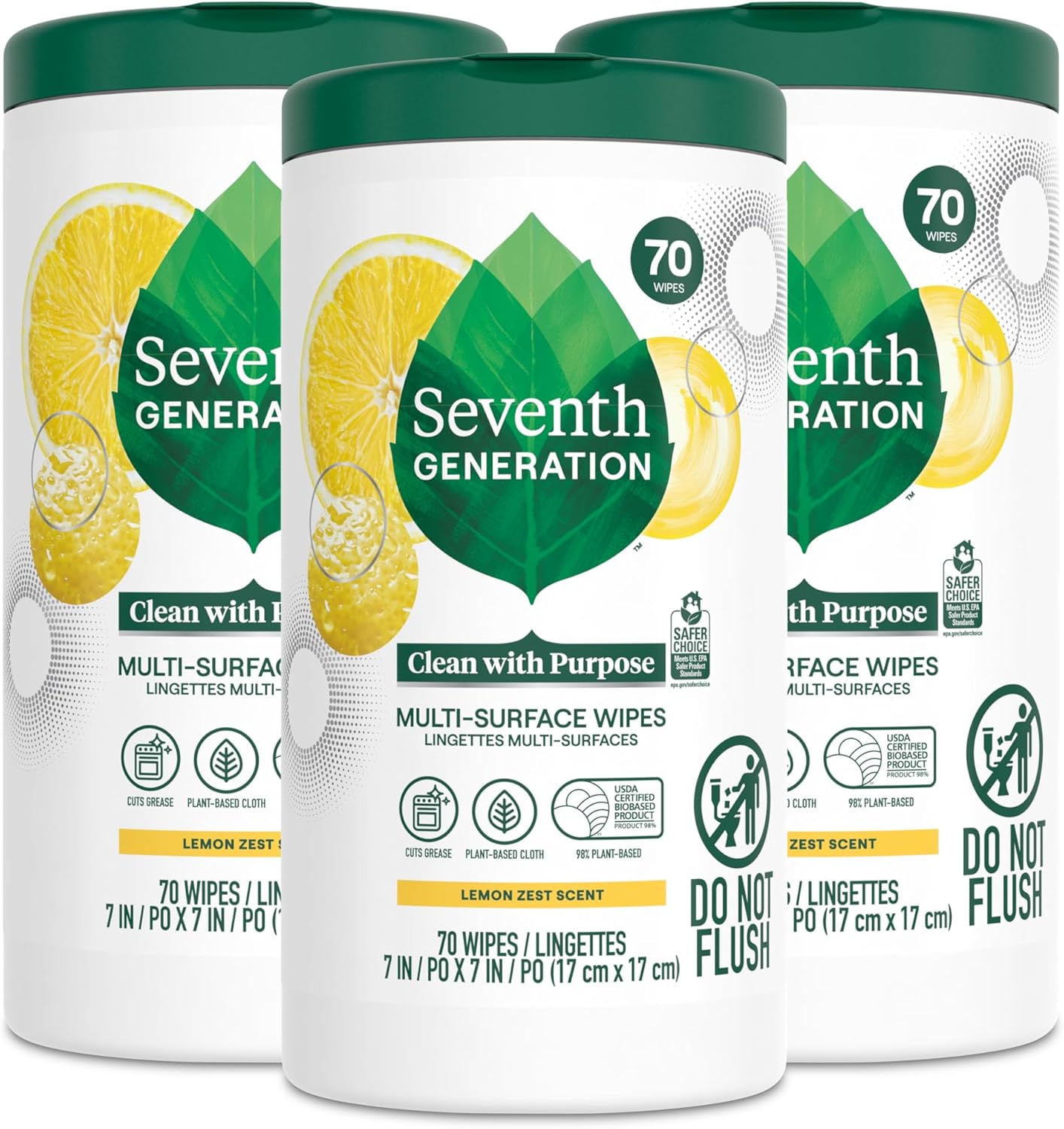 Seventh Generation Multi-Surface Wipes - Lemon Zest Scent | 100% Essential Oils | Pack of 3 (70 Ct Each)