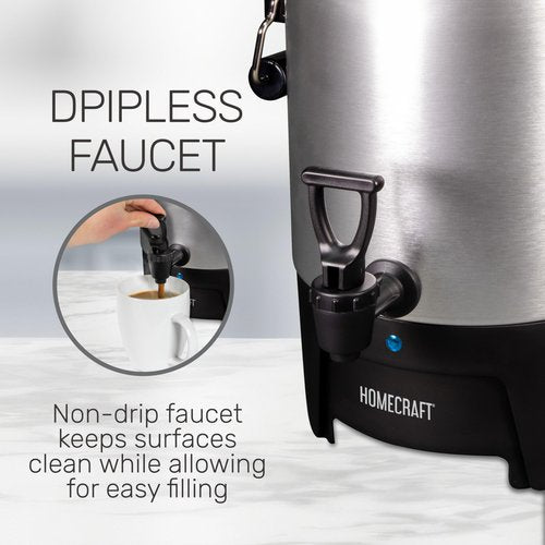 Homecraft 45-Cup Coffee & Hot Beverage Urn - Quick Brewing, Drip-Free Spout, Water Level Markings, Reusable Filter, & Carry Handles - Aluminum