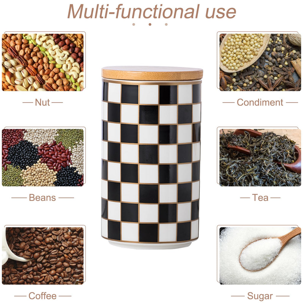 XYQXYQ Kitchen Countertop Ceramic Checkered Canisters,Black And White Food Storage Containers With Lid,Airtight Kitchen Canisters for Flour, Sugar, Coffee, Tea, and Dry Goods (Black, Large)