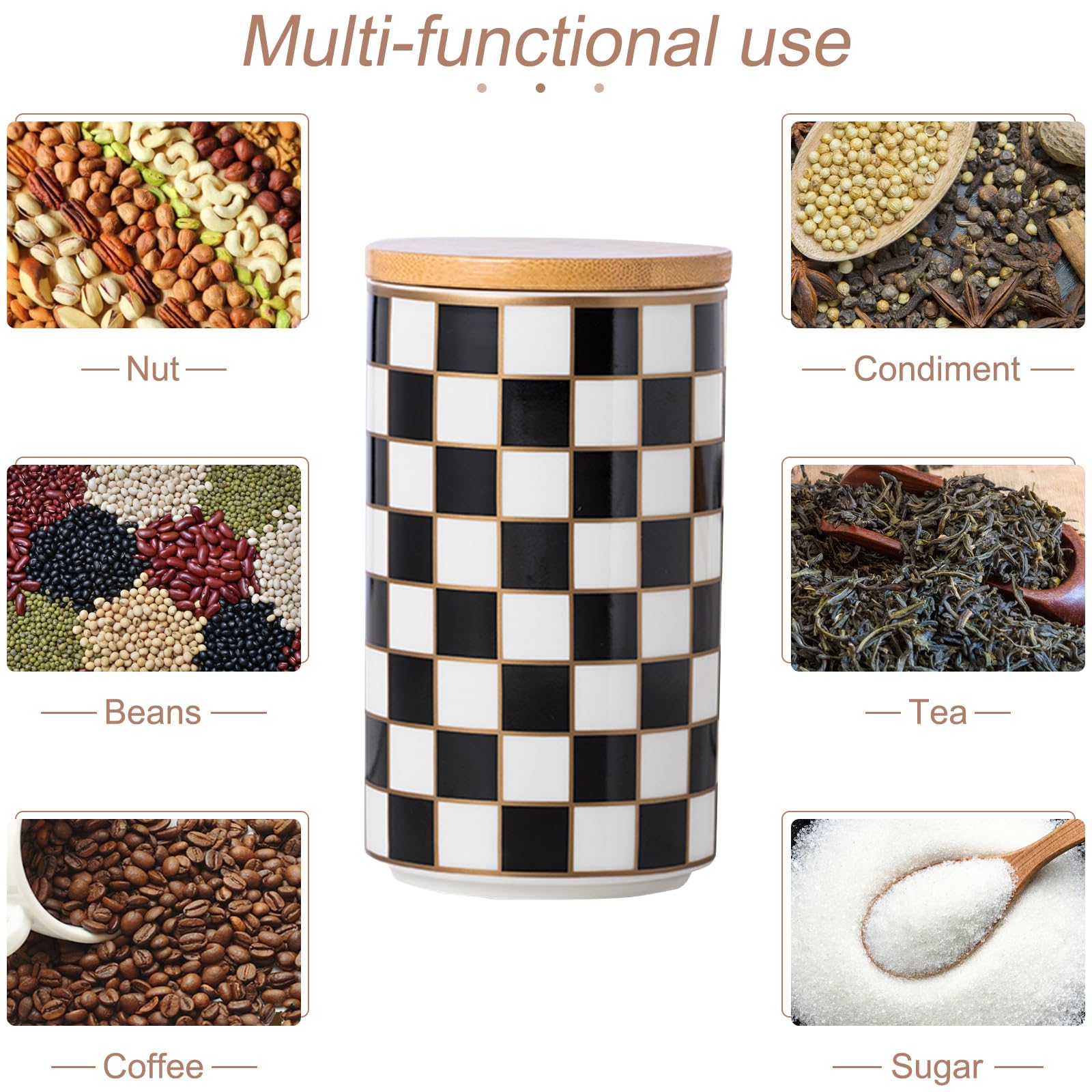 XYQXYQ Kitchen Countertop Ceramic Checkered Canisters,Black And White Food Storage Containers With Lid,Airtight Kitchen Canisters for Flour, Sugar, Coffee, Tea, and Dry Goods (Black, Large)