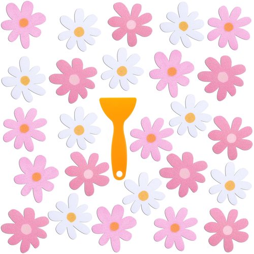 Chiisong 24 Pcs Flower Non Slip Bathtub Sticker Daisy Skidproof Shower Sticker Anti Slip Shower Decals Bathe Treads Adhesive Appliques Scraper Bright Flower Adhesive Decal for Bathroom Decor(Pink)