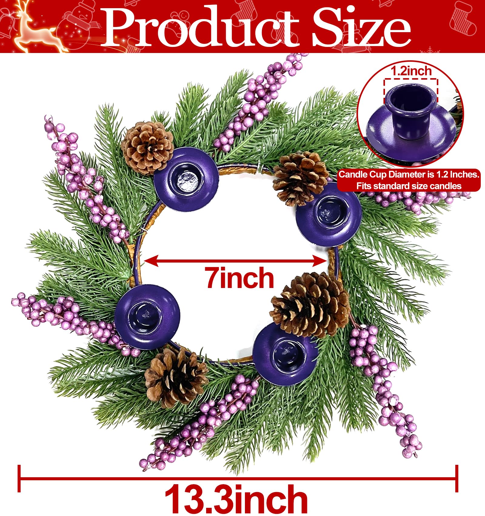 [ Safety Fire Retardant ] Christmas Advent Wreath, Purple Christmas Wreaths with 4 Candle Holder 4 Pinecones 6 Berry Christmas Centerpieces Decorations for Advent Church Table Holiday Home(No Candles)
